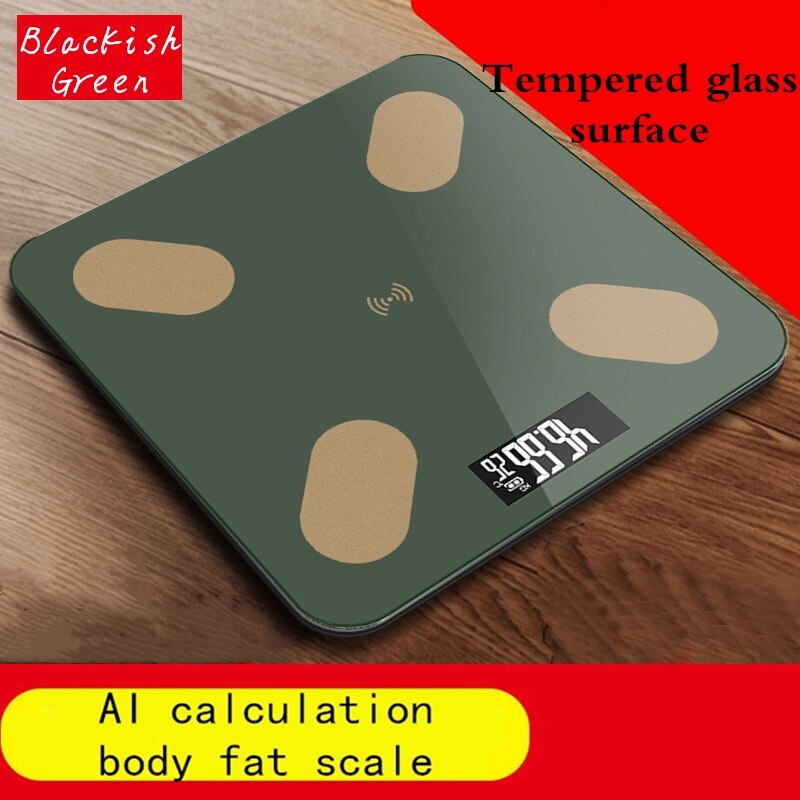 Bluetooth Electronic Body Fat Scale Smart Digital Bathroom Weight Scales Balance Body Solar Charging Toughened Glass LCD Display: Blackish Green1