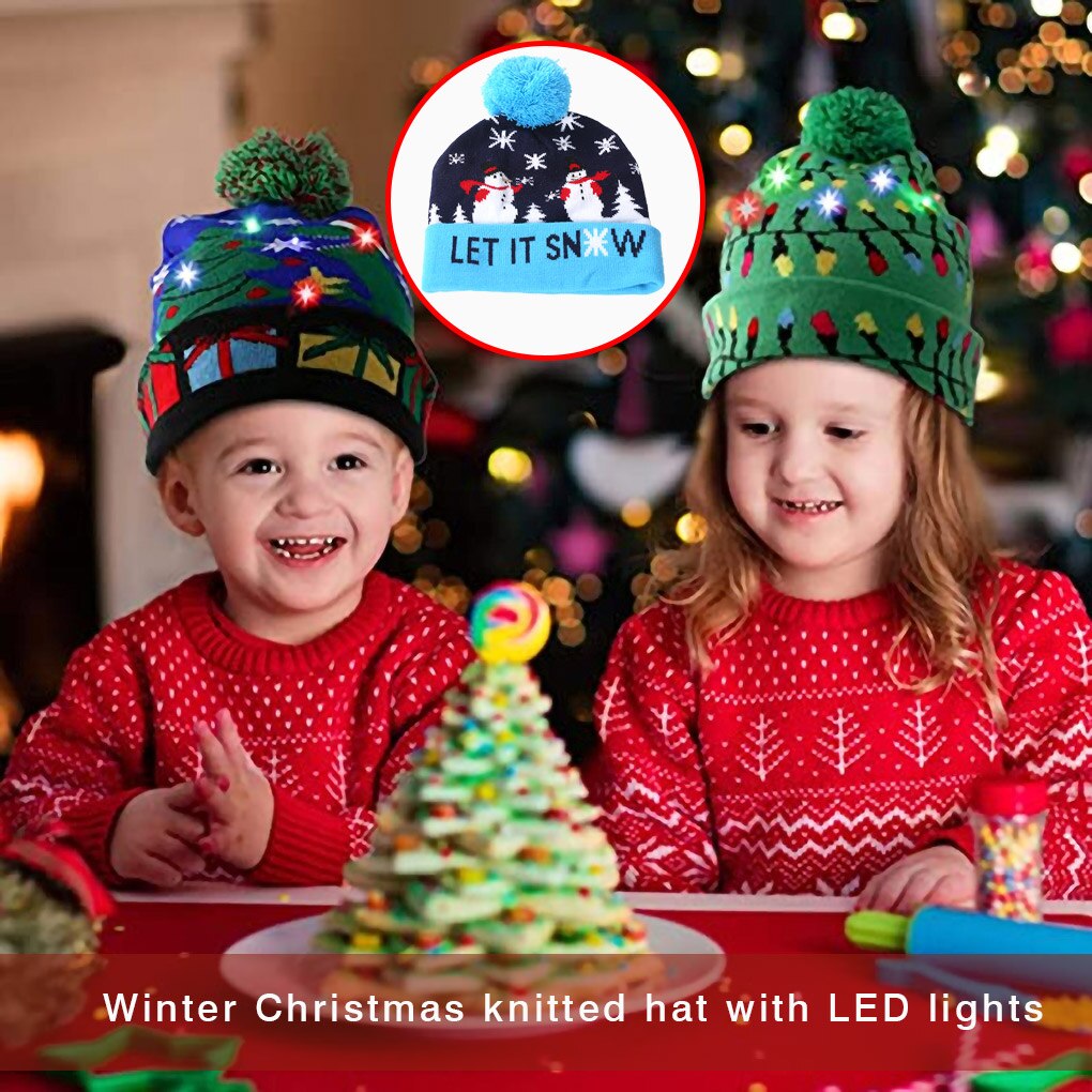 Led julehue sweater strik beanie julelys strikket hue jul til børn julepynt