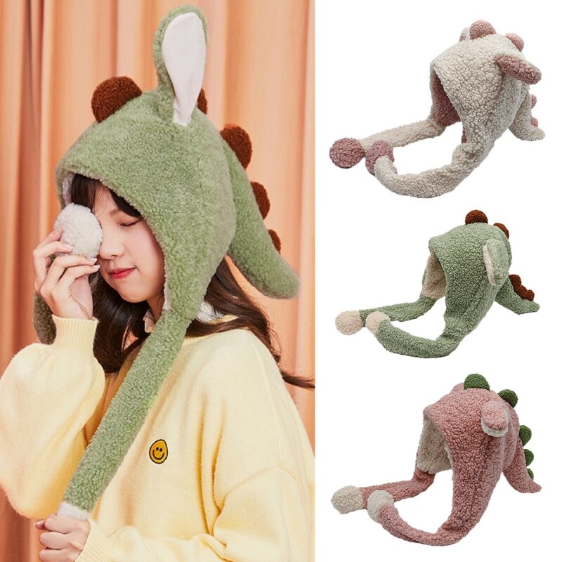 896E Kawaii Cartoon Dinosaur Movable Ears Hat Women Cute Warm Thick Warm Hoodies Neck Scarf with Windproof Winter Autumn