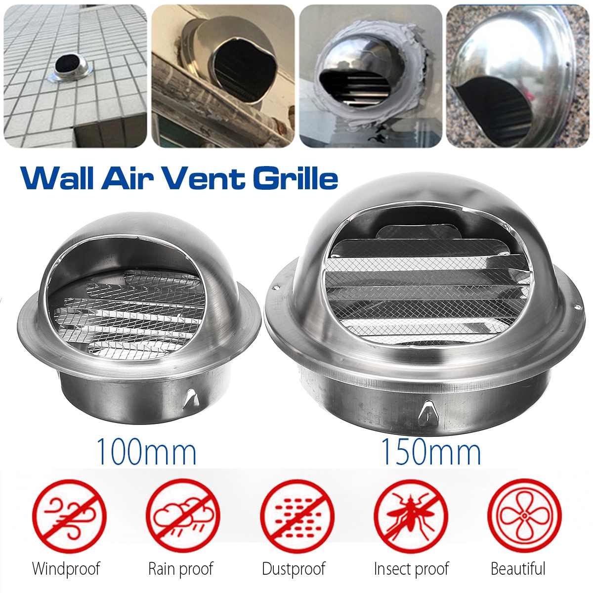 100/150mm Stainless Steel Wall Ceiling Air Vent Ducting Ventilation Exhaust Grille Cover Outlet Heating Cooling & Vents Cap