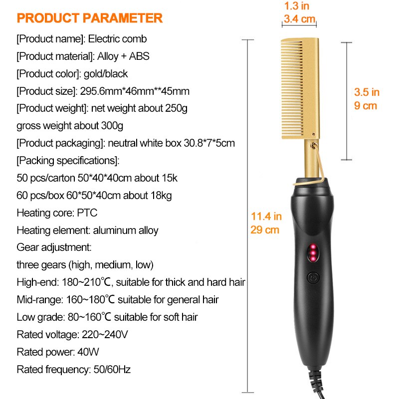 Electric Comb Hair Straightener Beard, Anti Scald Comb Hair Straightener 110-240V Gold for Women and Men