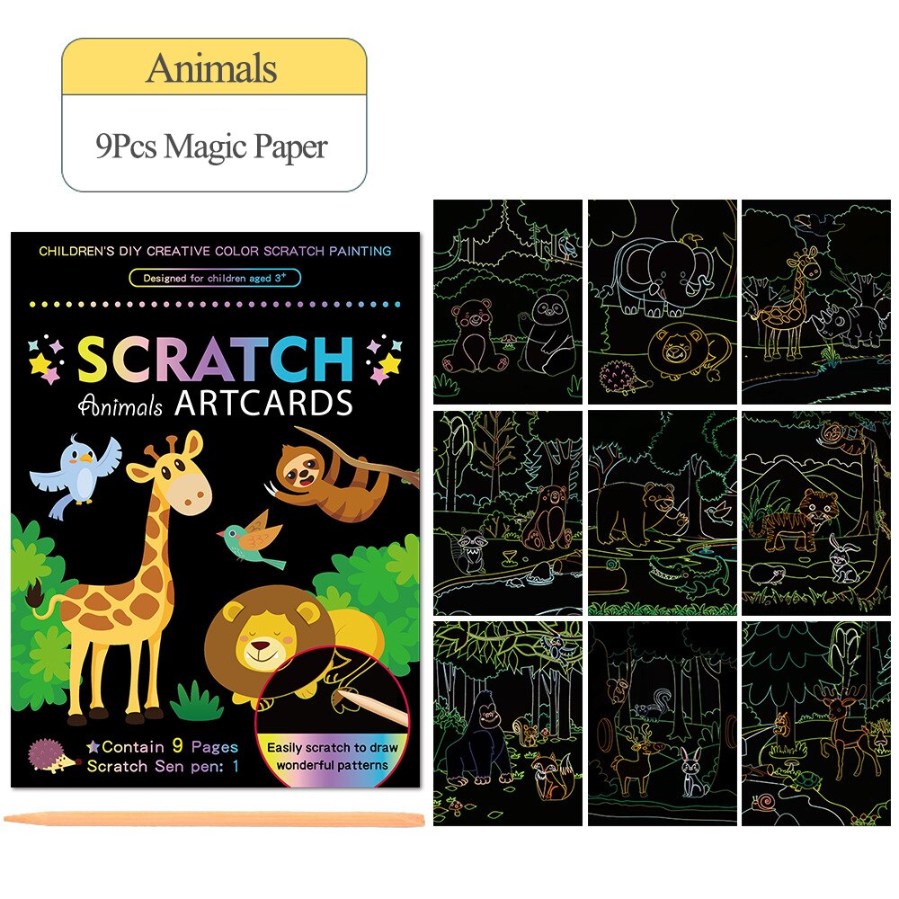 9 Stks/set Magic Rainbow Scratch Artcards Kinderen Schilderen Card Kit Cartoon Dinosaurus Eenhoorn Tekening Kids Diy Educatief Speelgoed: Animals