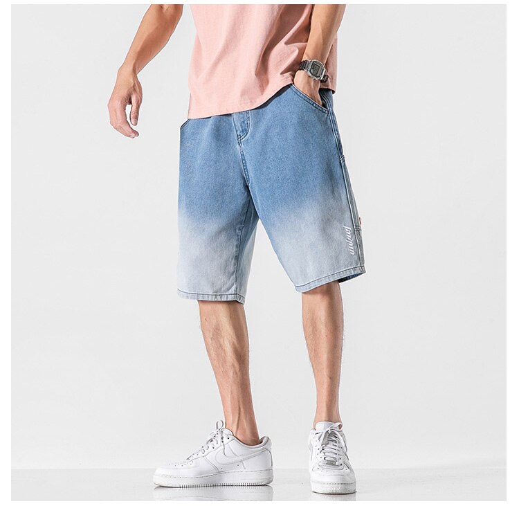 Sommer mænd denim shorts mænd gradient korte jeans mænd straight casual jeans shorts plus størrelse 5xl: Blå / M