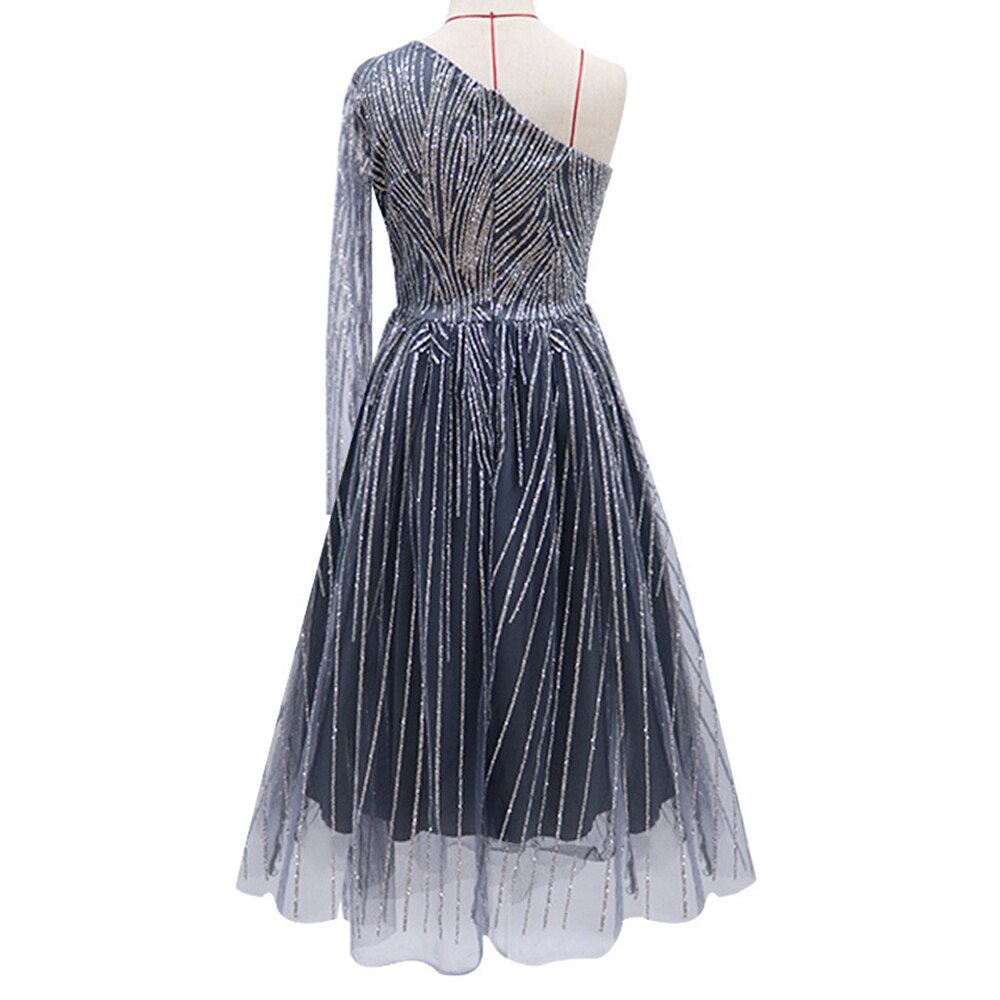 Cocktail Jurken Een Schouder Vrouwen Pailletten Lange Mouwen Elegante