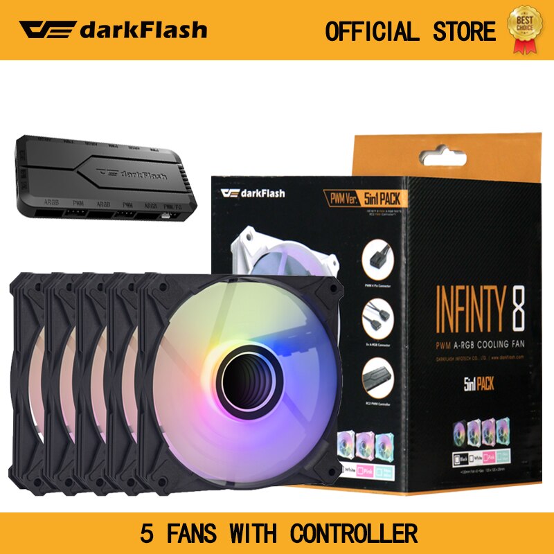 Darkflash Computer Pc Case Fans 120Mm Rgb Fan 4pin Pwm Argb Koelventilator 3pin 5V Aurora Effect Kleurrijke keuze 12Cm Ventilador: 5in1 set black