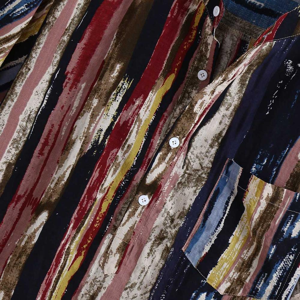 Heren Zomer Mode Stand Kraag Strip Print Korte Mouw Top Katoenen Shirt Paar Losse Fit Hawaii Ademend Snel Droog