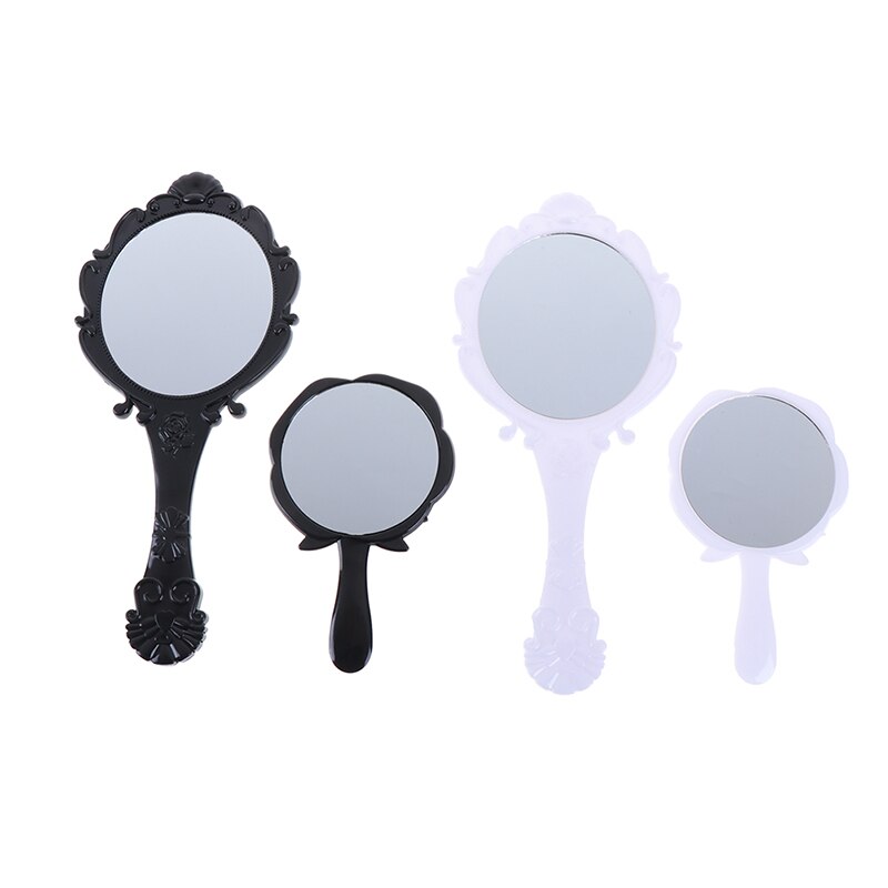 1PC Round Cosmetic Hand Held Mirror Mirror Handhold Makeup Mirror Repousse Floral Oval With Handle For Ladies Black/White