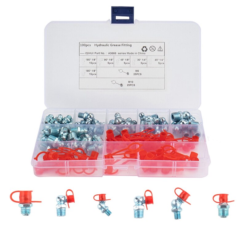 50-Stukken Mm Metric Hydraulische Zerk Grease Fitting Met 50Pcs Caps Assortiment Set Kit - M6 M10 Straightangled fittings: Default Title