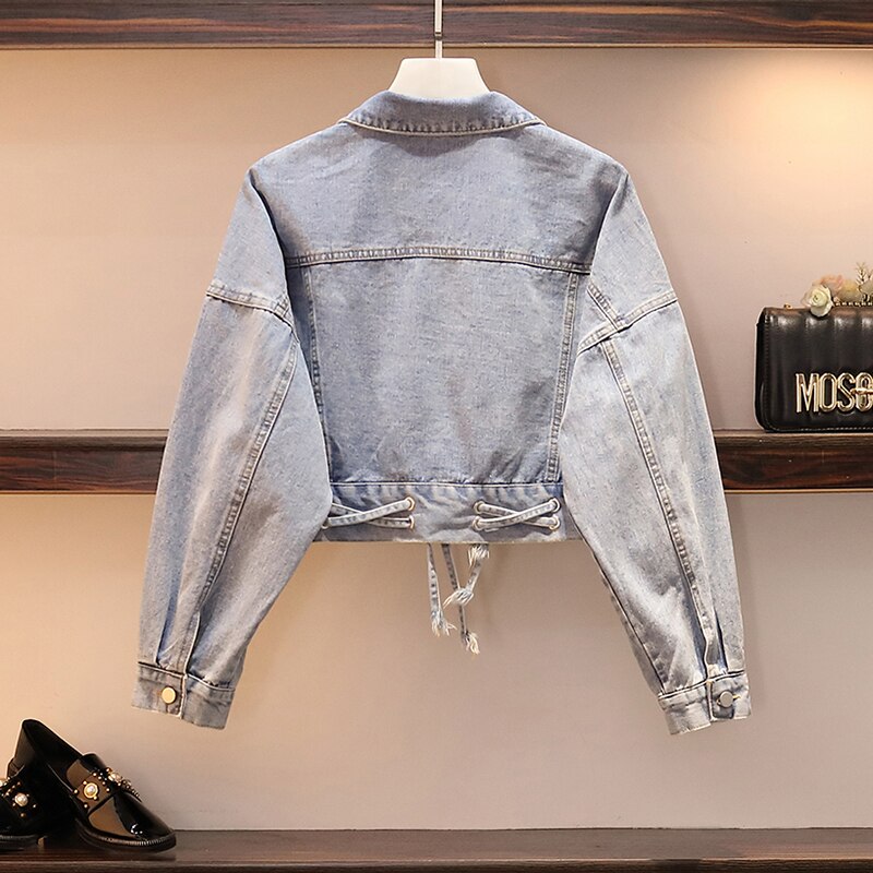 Large size S-5XL spring fat mm large pocket short section was thin denim jacket and coat dress two-piece: Sky blue / S