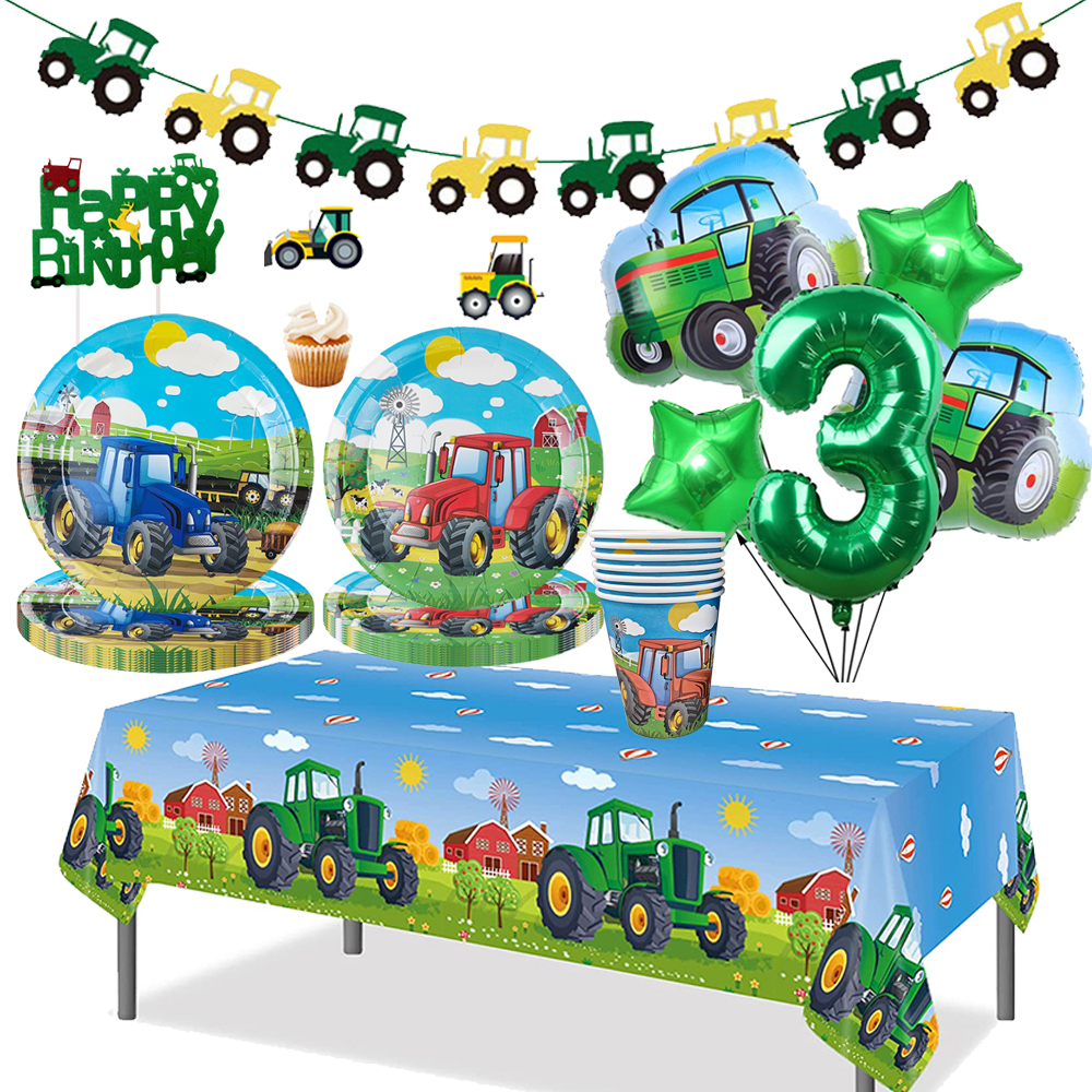 Cartoon Green Farm Tractor Disposable Tableware Plate Paper Cup Napkins Kids Boys Farm Theme Birthday Party Decor Supplies
