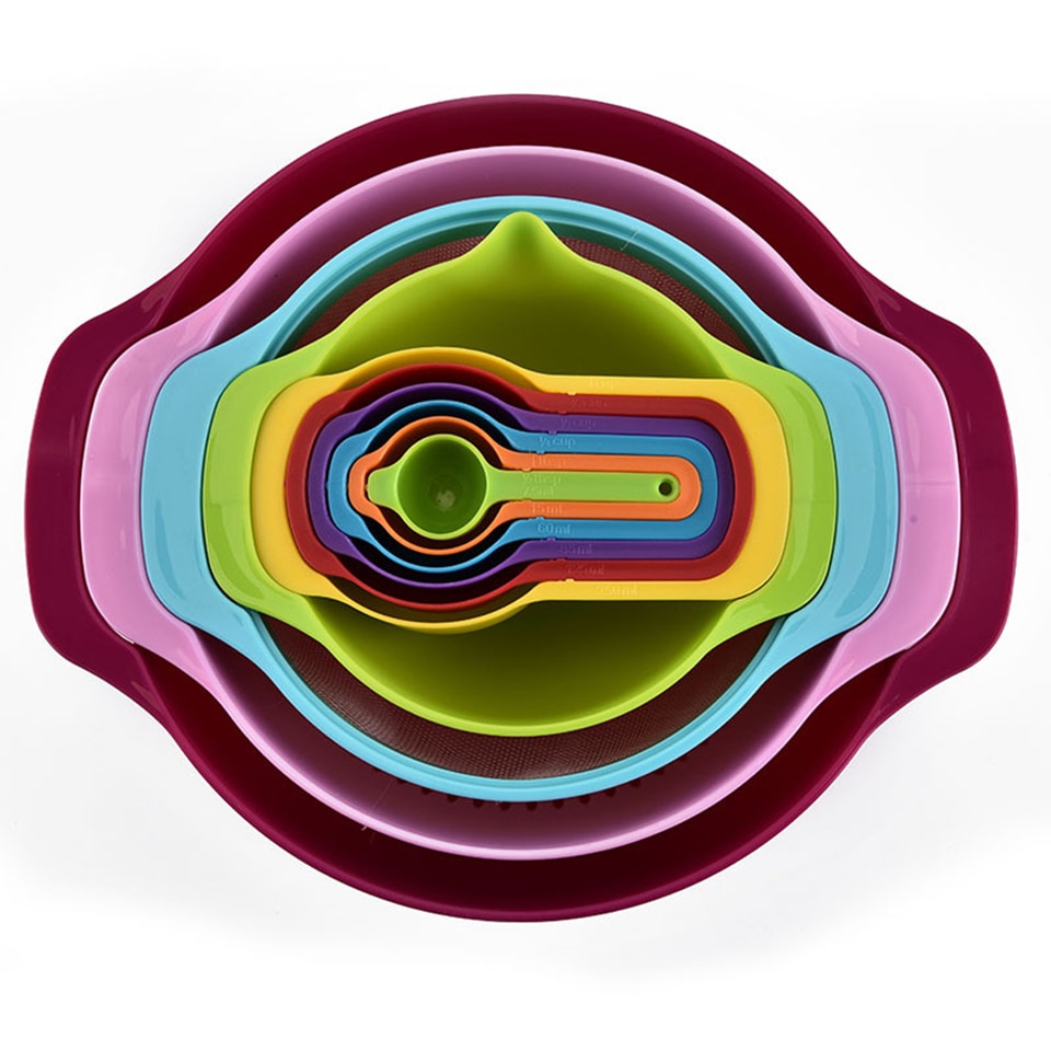 Mått koppar skedar set durkslag nätsil plast häckande skålar med hällpip för bakning matlagning