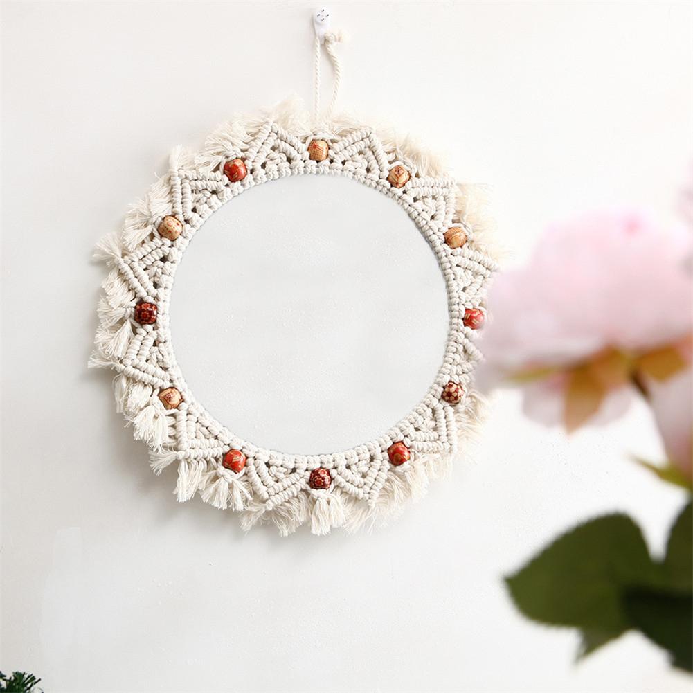 Round Lace Wall Hanging Mirror Art Deco Hand-made Cotton Rope Round Mirror For Living Room Woven Wall-mounted Mirror Frame