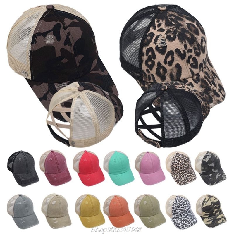 Kvinder distressed vasket mesh tilbage baseball kasket leopard camo print hule criss cross band hestehale rodet bolle trucker hat  jy31 20