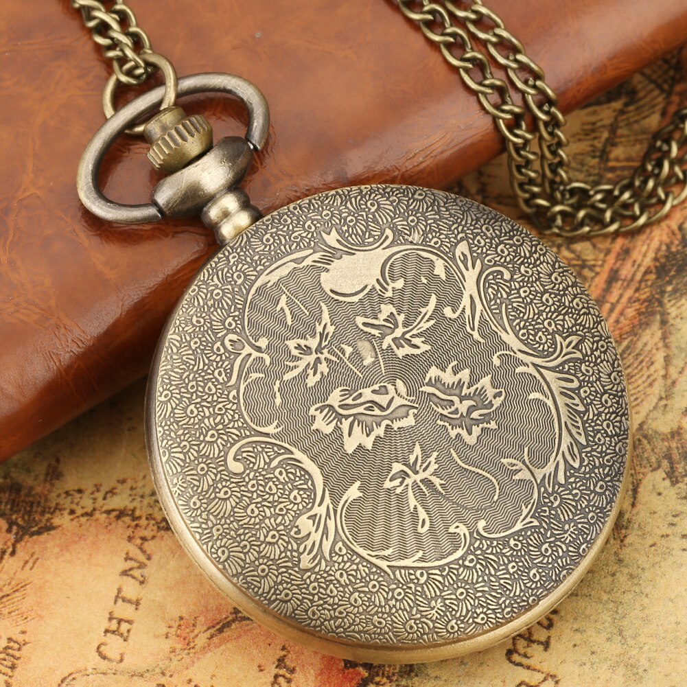 Bronze Pocket Watch Hollow Engraving Lotus Pond Carp Swimming Pendant Necklace Quartz Pocket Watch for Men Relógio De Bolso