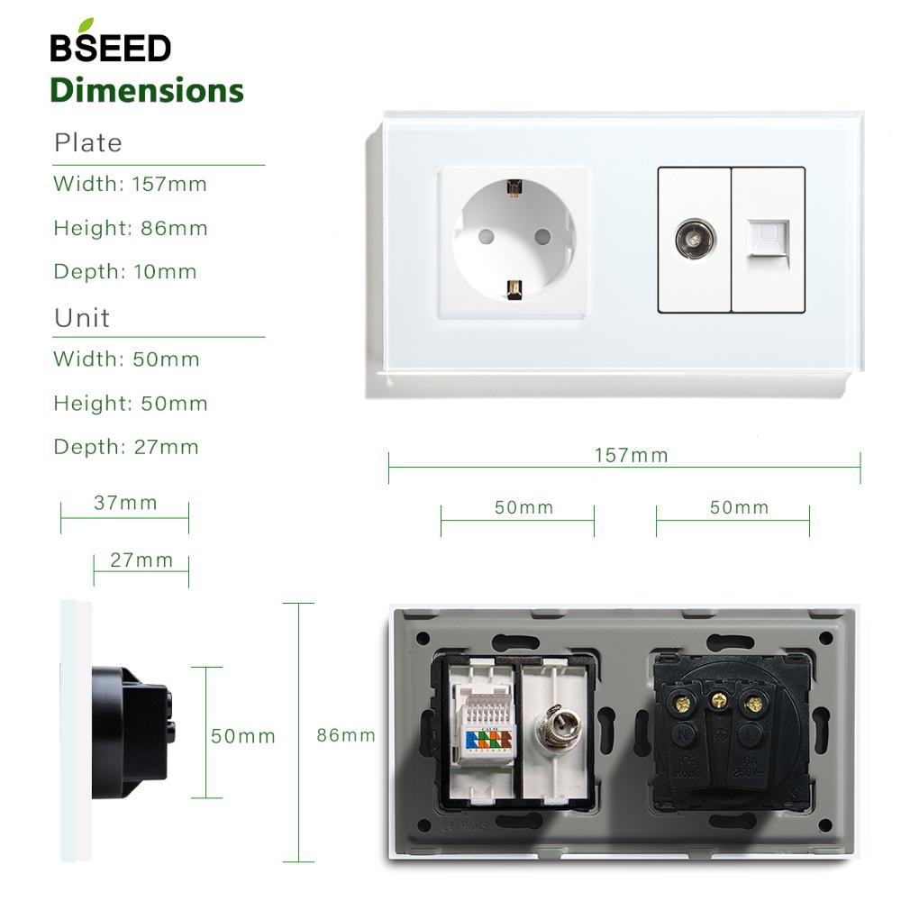 BSEED EU Standard Steckdose TV PC Mit Buchse Kristall Glas Tafel Weiß Schwarz Goldene EU Standard