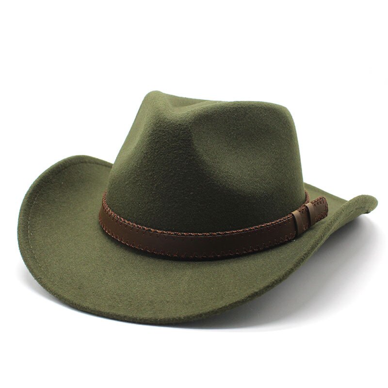 Women's Men's Winter Wool Western Cowboy Hat With Belt Cowgirl Jazz Toca Sombrero Cap Godfather Cap: Army Green