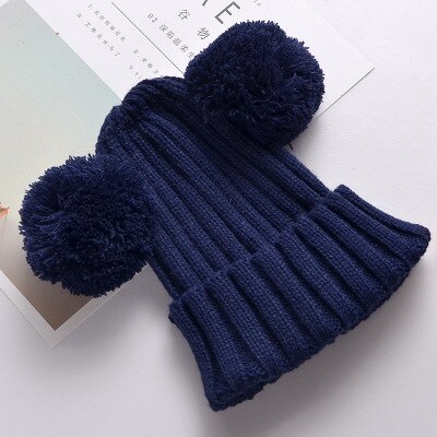 Kinderen meisjes baby muts gebreide wollen tijk muts met omslag herfst en winter warme muts twee ballen: Marine