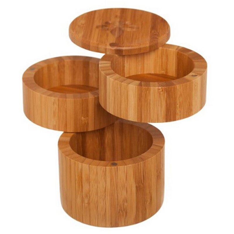 Caja de sal de bambú de tres capas, caja creativa para especias, soporte para sal con tapa, soporte para encimera, sal y Peper