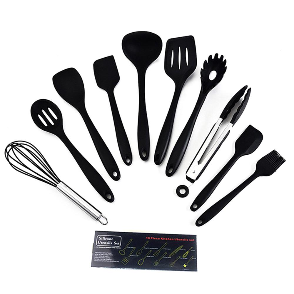 14 ustensiles de cuisine en Silicone, ensemble de ustensiles de cuisine, spatule antiadhésive, poignée en acier inoxydable, ensemble d'outils de cuisine de alimentaire: black 10pcs