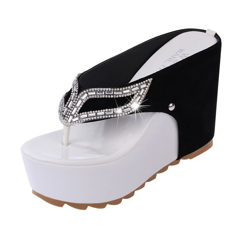Rhinestone Sandals Thick Heel With Feather High Heel Wedge Wedge Platform Wedge Shoes Women Slippers Sandals: black / 38