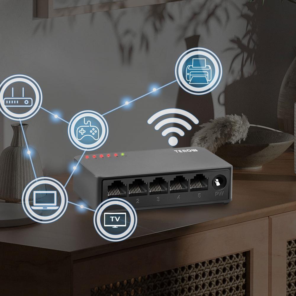 Switch Gigabit a 5 porte e 8 porte TEROW, switch di rete Ethernet 10/100/1000 Mbps con 802.3at/af, design silenzioso plug-and-play compatto