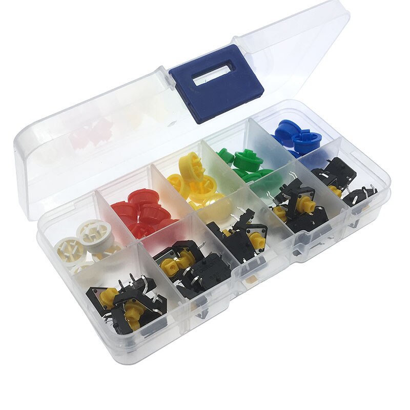 5 Colors 12*12*7.3MM Micro Switch Button Tact Cap Tactile Push Momentary + Component box for Arduino 25Pcs/Set