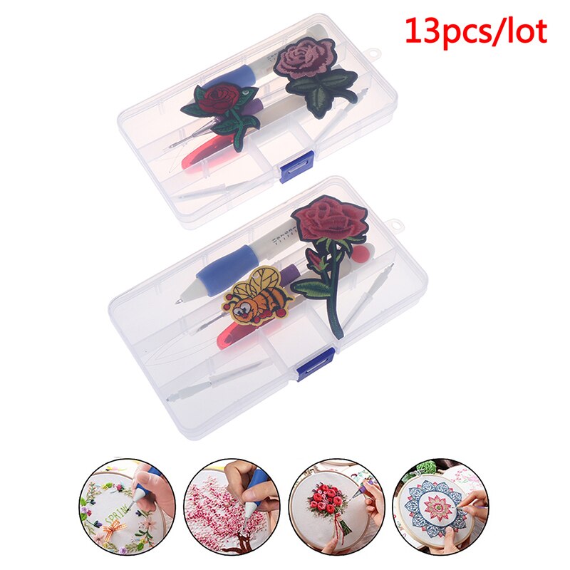 Embroidery Starter Kit Full Set Magic Embroidery Pen Punch Needle Hoops Threads Stitching Punch Pen Set Craft Tool For Beginner