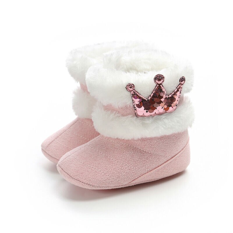 Baby sko toddler baby pige krone sko bløde krybbe sål sko nyfødte pailletter krone fuzzy vinter varme støvler: Lyserød / 0-6 måneder