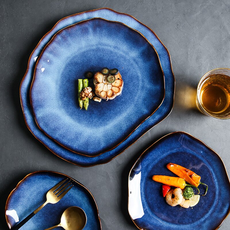 Japanese Ceramic Flat Plate Food Dish Pottery Irregular Dish Dinnerware Salad Platter Dishes Set Kitchen Decoration Tableware