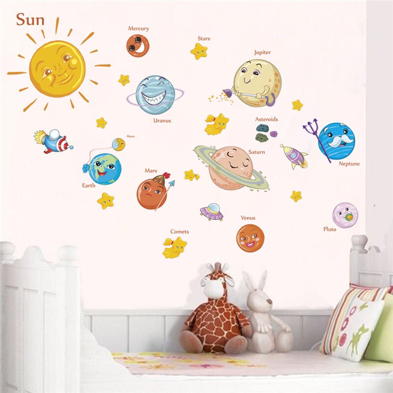 Cartoon Solar System Planets Spaceship Wall Stickers For Kids Room Bedroom Decoration Boys Nursery Mural Art Diy Pvc Home Decals