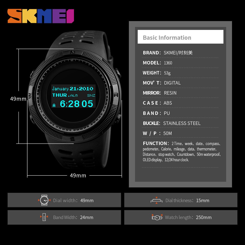 Skmei outdoor sporthorloge stappenteller calorie fitness dameshorloges kompas thermometer waterdichte digitale polshorloges 1360