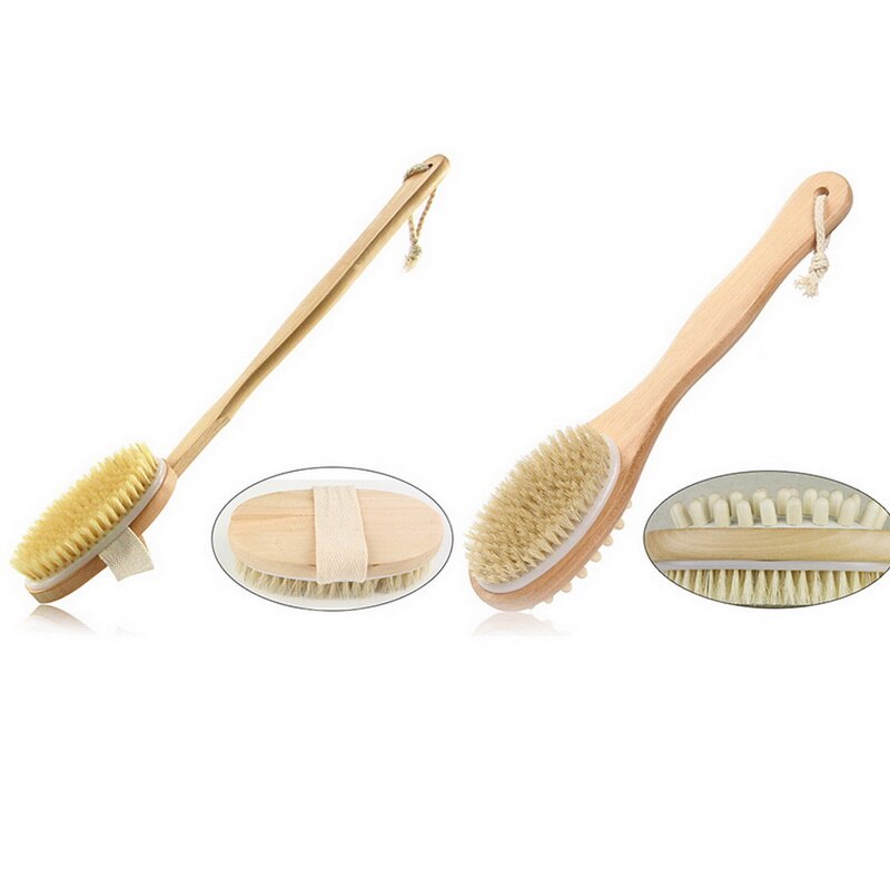 Doucheborstel badscrub met lange houten steel voor het wassen, scrubben, exfoliëren en cellulitis voetscrub