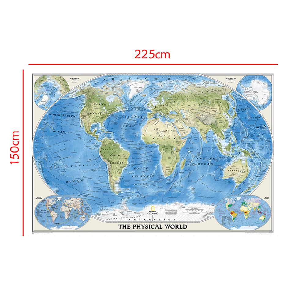 225*150 cm verdenskortet med verdens tektonik og klima stor plakat non-woven lærred maleri hjem dekoration skoleartikler