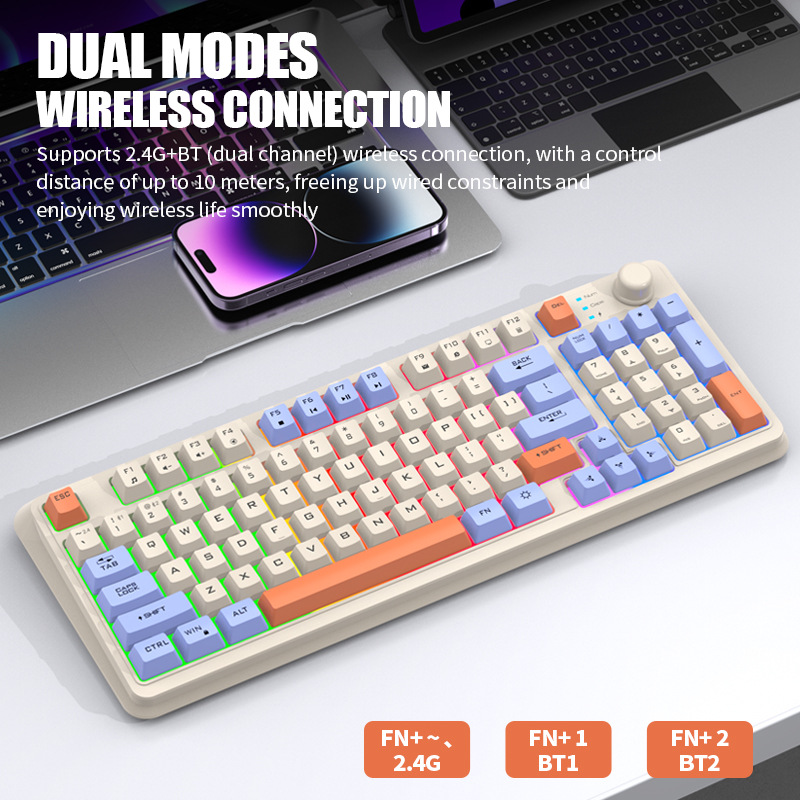 Nederland Draadloos mechanisch toetsenbord 94 toetsen 95% lay-out Engels Spaans Russisch Koreaans Arabisch toetsenbord Muisset Bluetooth 2.4G Type C Connect RGB K94 Grote oplaadbare batterij Ergonomie Gaming