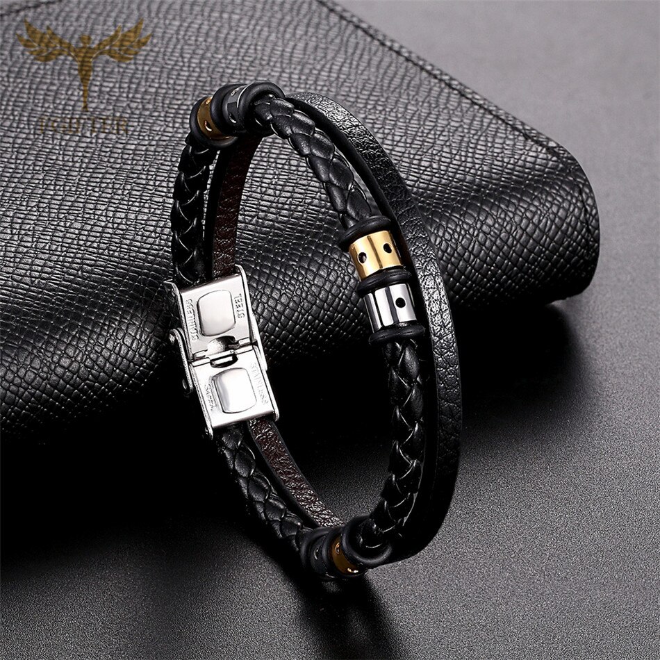 Multilayer Lederen Armband Mannen Vrouwen Rvs Manchet Bangle Gevlochten Lederen Wrap Armband Armband Pulsera Hombre