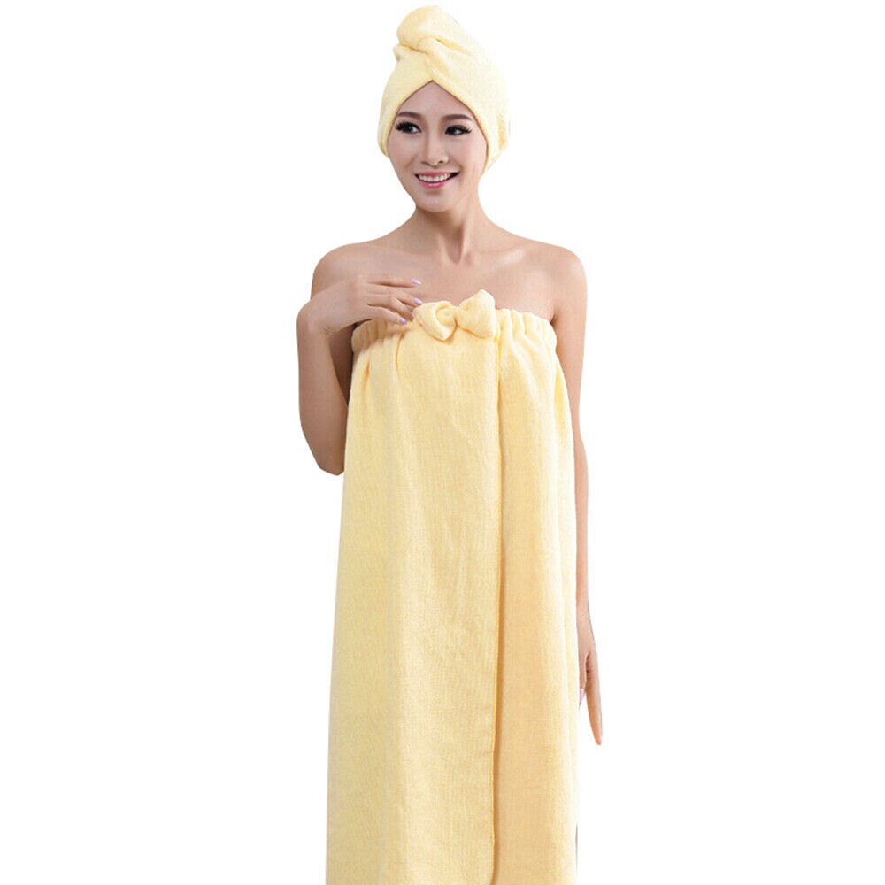 Letvægts hurtigtørrende badekåbe og hovedhåndklæde turbansæt spa blød bruser mikrofiber wrap hovedhætte badekåbe: Gul