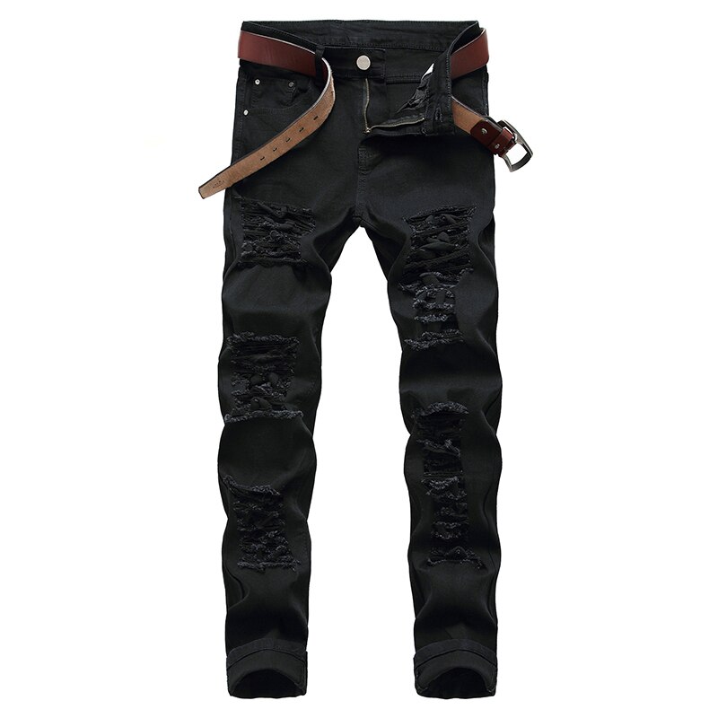 Pantalones vaqueros rasgados para hombre, Jeans rectos ajustados con agujeros, desgastados, largos, negros y azules, novedad