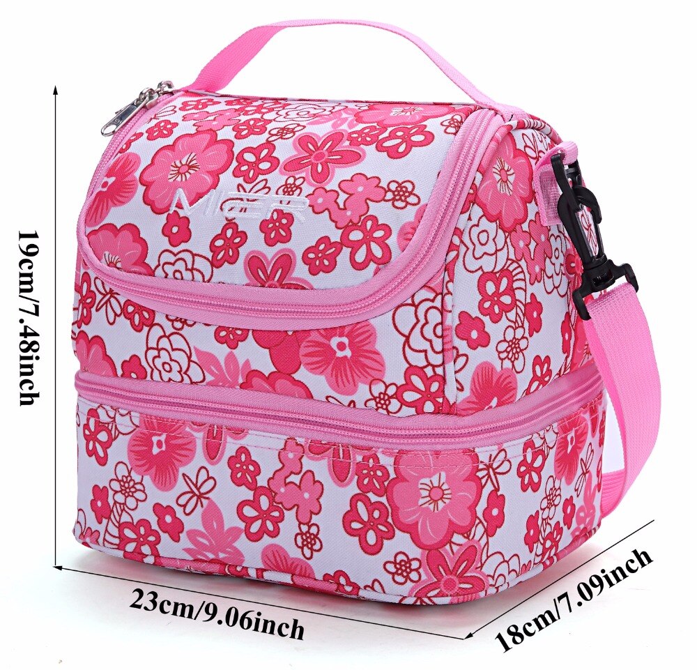 MIER Dubbele Decker Geïsoleerde Lunchbox Roze Zachte Koeltas Thermische Lunch Tote met Schouderband (Roze Bloem)