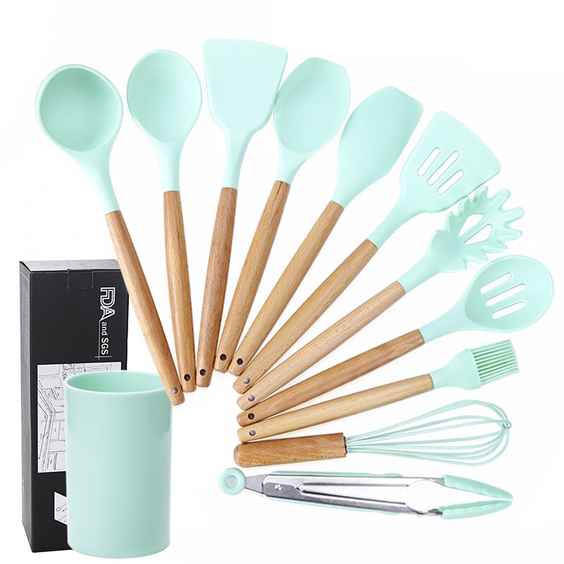 Silicone Kitchen Utensil Set 11 Pieces Kitchenware Set with Wooden Handle Nonstick Cookware, Green
