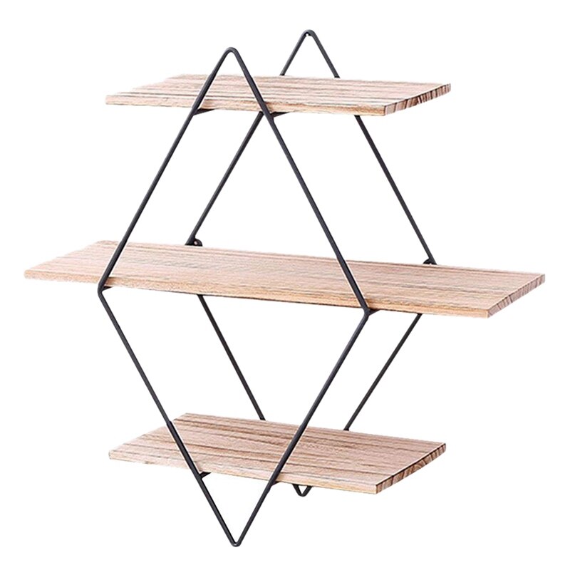 Antieke Houten Muur Drijvende Opslag Rekken Display Stand Plank Decoratieve Muur Frame 3 Lagen Geometrische Diamant Muur: Default Title