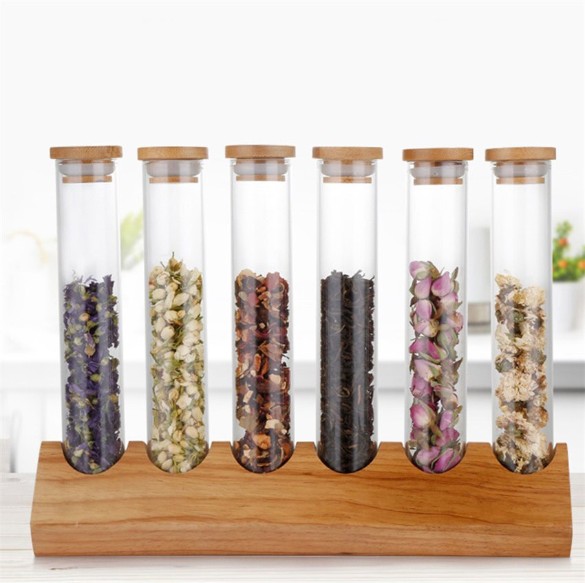 Wooden Coffee Beans Flower Tea Display Rack Stand Cereals canister Glass Test Tube sealed Storage Decorative Ornaments: 6 hole-A
