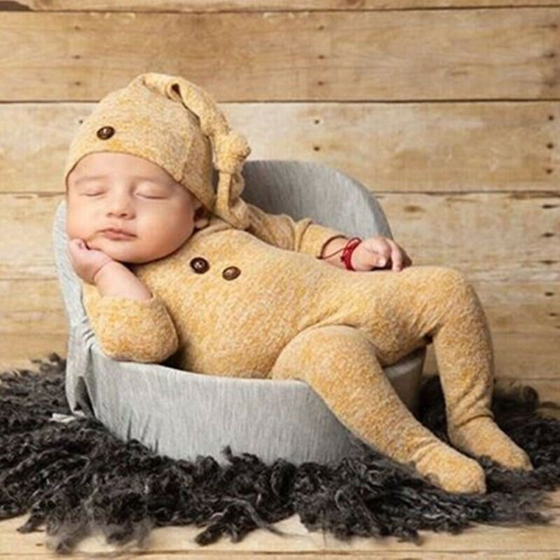 2Pcs Newborn Footies Baby Girl Boy Clothes Long Sleeve Jumpsuit Bodysuit + Hat Outfit