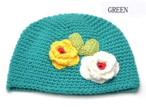 Crochet Handmade Wool Baby Kids Child Two Flower Cap Hat Cute WMZ-1007: green