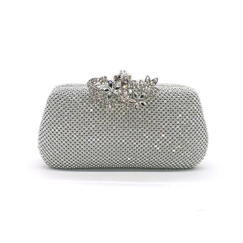 Kristallen dames bruidsjurk bruiloft avondfeest bloemen clutches dames avondfeest schoudertas kristallen crossbody tas: Zilveren clutch
