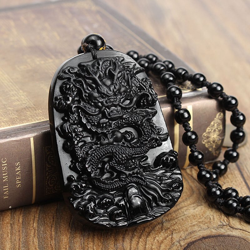 Unique Natural Obsidian Stone Carved Chinese Dragon Pendant With Beads Necklace Men Luck Jewelry Gemstone Fengshui Crafts