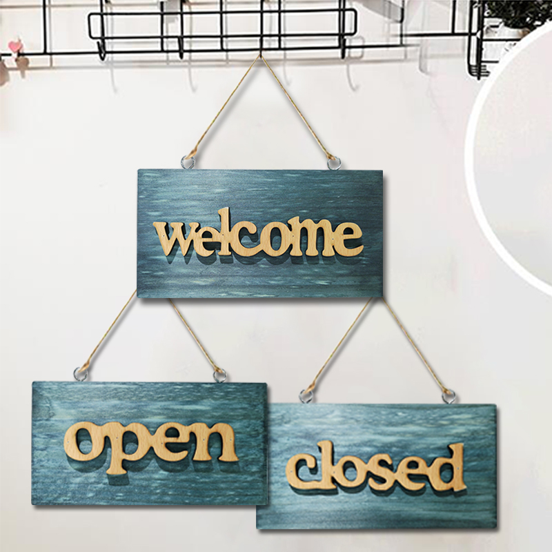 Home Hotel Restaurant Decorative Plaques & Signs Open Closed Welcome Letters Pattern Hanging Rectangle Wood Board