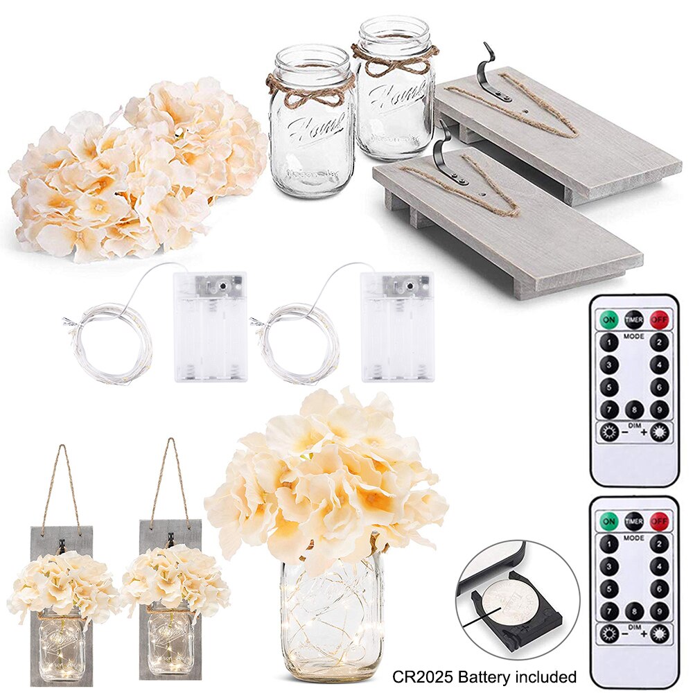 2Pcs Mason Jar Light Remote Control Mason Jar Decor Rustic Wall Sconces Light Hydrangea Flowers LED Strip Lights Mason Jar Light