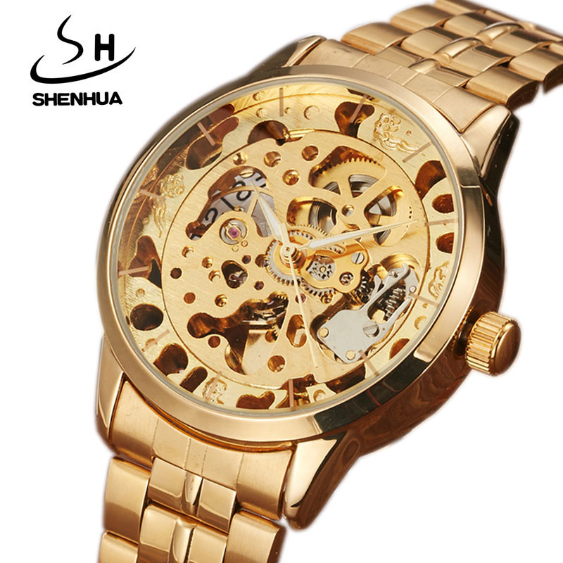 Shenhua Luxe Full Staal Golden Automatische Mechanische Horloge Mannen Zilver Skeleton Analoge Horloge Mannelijke Relogio Mascualino