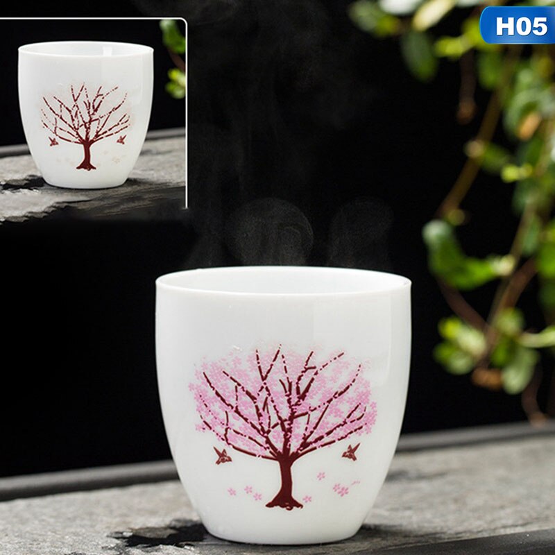 Ceramic Cup Sakura Teacup Cold Temperature Discoloration Color Changing Tea Cup Flower Ceramic Tea Set Tableware: H05