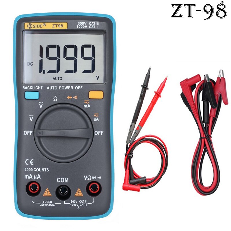 1Pcs ZT Digital Multimeters Portable AC/DC Ammeter Voltmeter Ohm LCD Display Backlight Multimeter Diode and Continuity Test: ZT98